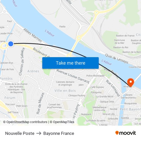 Nouvelle Poste to Bayonne France map