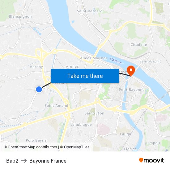 Bab2 to Bayonne France map