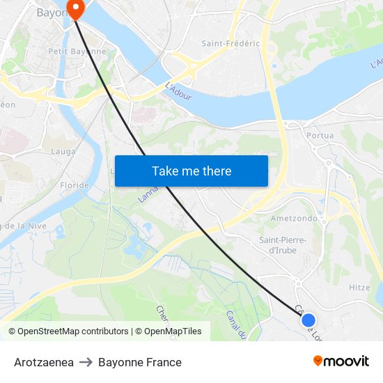 Arotzaenea to Bayonne France map