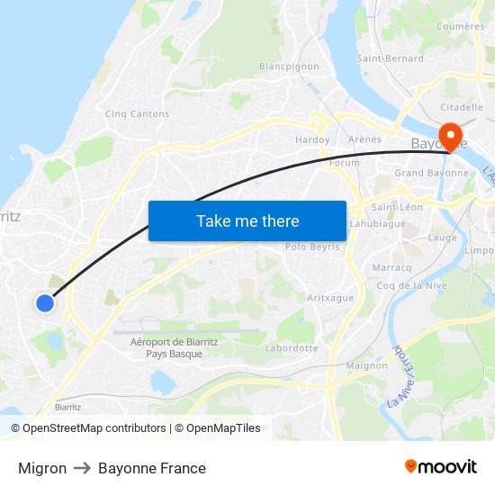 Migron to Bayonne France map