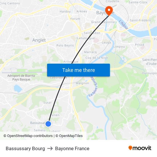 Bassussary Bourg to Bayonne France map