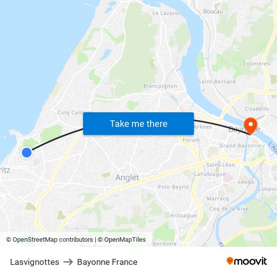 Lasvignottes to Bayonne France map