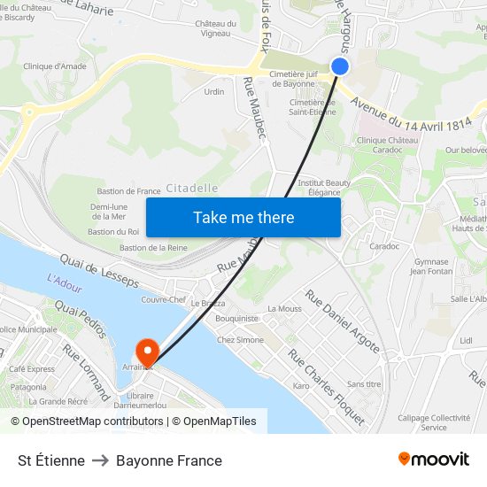 St Étienne to Bayonne France map