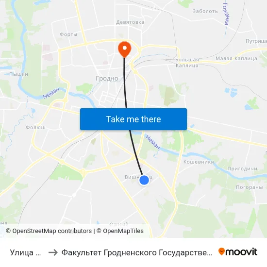 Улица Химиков to Факультет Гродненского Государственного Аграрного Университета map