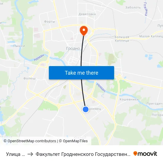 Улица Кабяка to Факультет Гродненского Государственного Аграрного Университета map