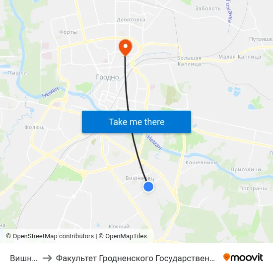 Вишневец-5 to Факультет Гродненского Государственного Аграрного Университета map