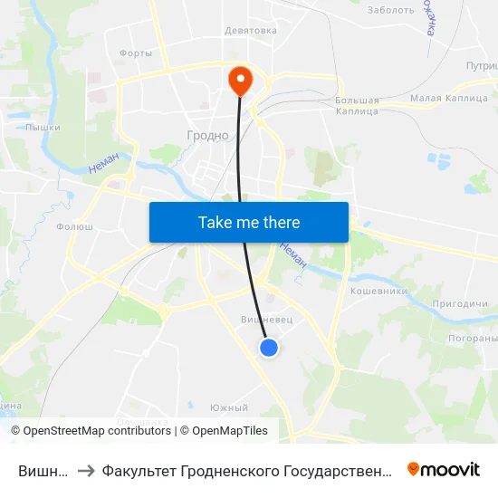 Вишневец-5 to Факультет Гродненского Государственного Аграрного Университета map