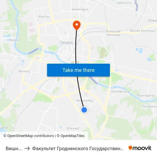 Вишневец-7 to Факультет Гродненского Государственного Аграрного Университета map