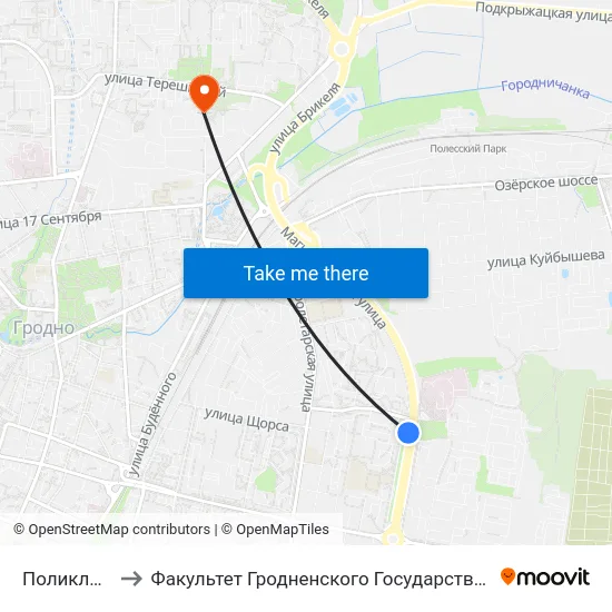 Поликлиника № 5 to Факультет Гродненского Государственного Аграрного Университета map