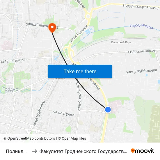 Поликлиника № 5 to Факультет Гродненского Государственного Аграрного Университета map