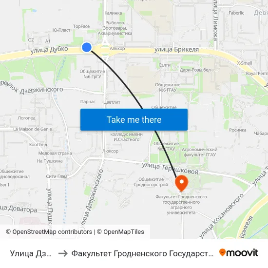 Улица Дзержинского to Факультет Гродненского Государственного Аграрного Университета map