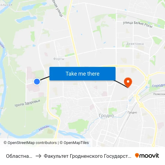 Областная Больница to Факультет Гродненского Государственного Аграрного Университета map