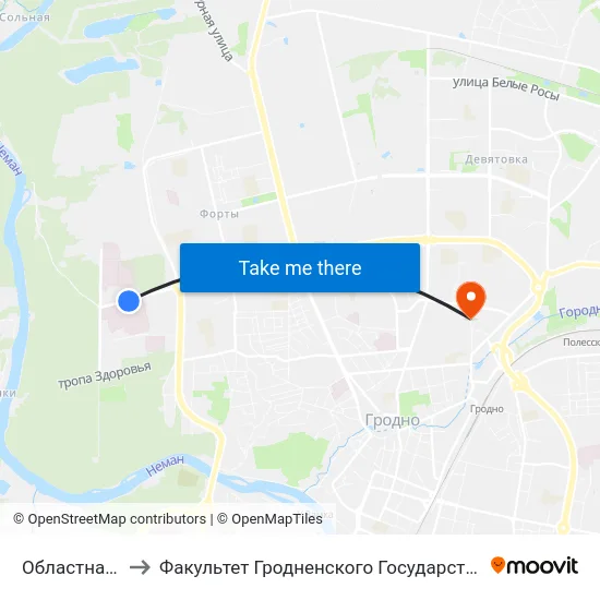 Областная Больница to Факультет Гродненского Государственного Аграрного Университета map