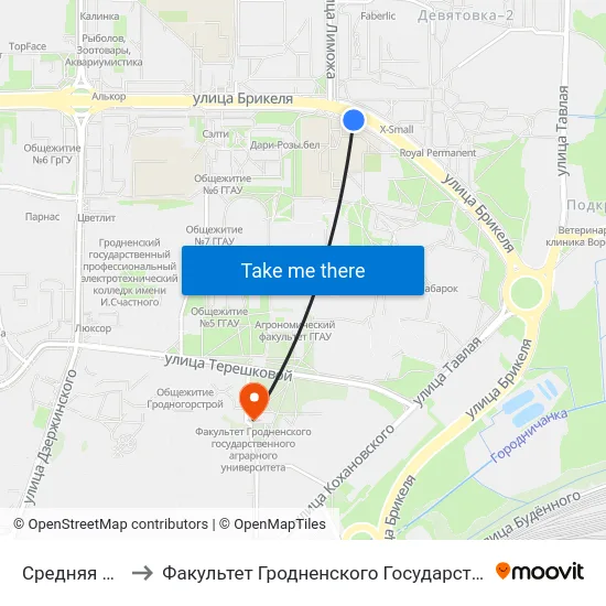 Средняя Школа № 28 to Факультет Гродненского Государственного Аграрного Университета map