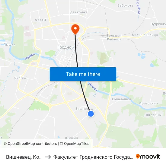 Вишневец, Конечная (Посадка) to Факультет Гродненского Государственного Аграрного Университета map