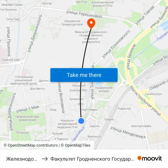Железнодорожный Вокзал to Факультет Гродненского Государственного Аграрного Университета map