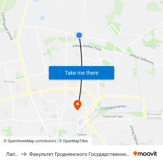 Лапенки to Факультет Гродненского Государственного Аграрного Университета map