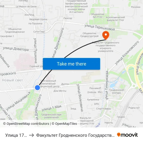 Улица 17 Сентября to Факультет Гродненского Государственного Аграрного Университета map