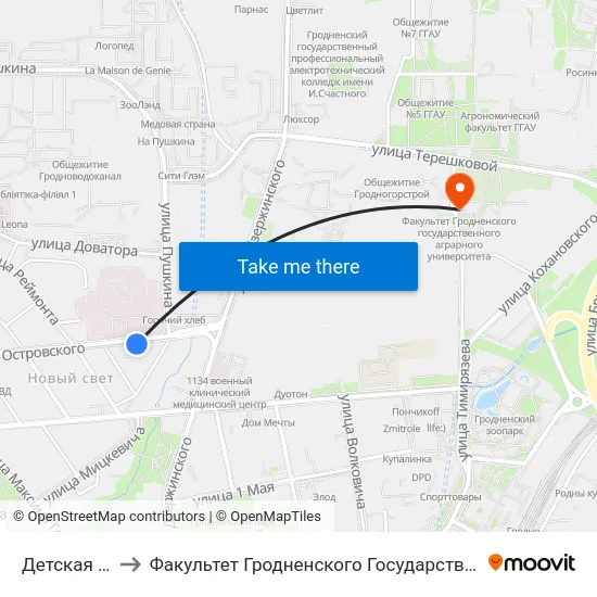 Детская Больница to Факультет Гродненского Государственного Аграрного Университета map