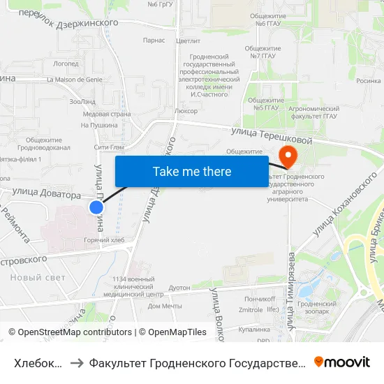 Хлебокомбинат to Факультет Гродненского Государственного Аграрного Университета map