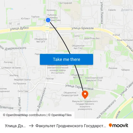 Улица Дзержинского to Факультет Гродненского Государственного Аграрного Университета map