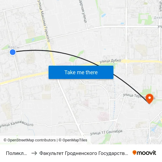 Поликлиника №4 to Факультет Гродненского Государственного Аграрного Университета map