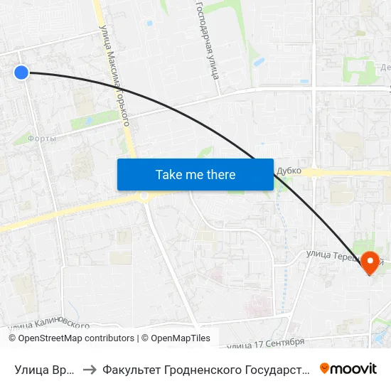 Улица Врублевского to Факультет Гродненского Государственного Аграрного Университета map