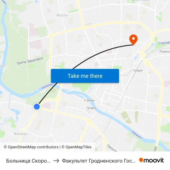 Больница Скорой Медицинской Помощи to Факультет Гродненского Государственного Аграрного Университета map