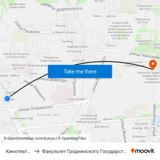 Кинотеатр «Космос» to Факультет Гродненского Государственного Аграрного Университета map