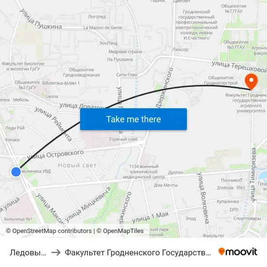Ледовый Дворец to Факультет Гродненского Государственного Аграрного Университета map