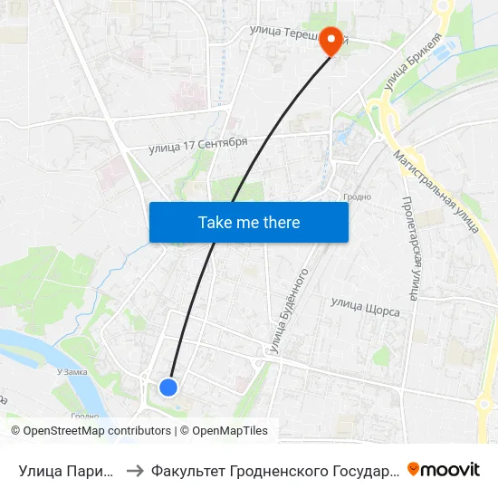 Улица Парижской Комунны to Факультет Гродненского Государственного Аграрного Университета map
