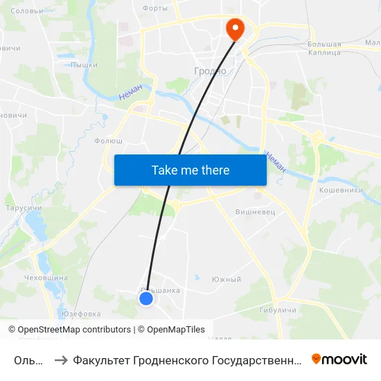 Ольшанка to Факультет Гродненского Государственного Аграрного Университета map