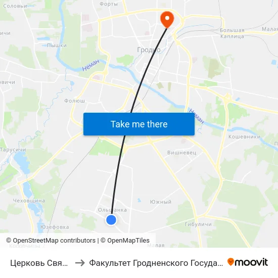 Церковь Святителя Спиридона to Факультет Гродненского Государственного Аграрного Университета map