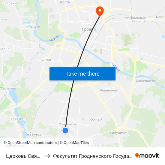 Церковь Святителя Спиридона to Факультет Гродненского Государственного Аграрного Университета map