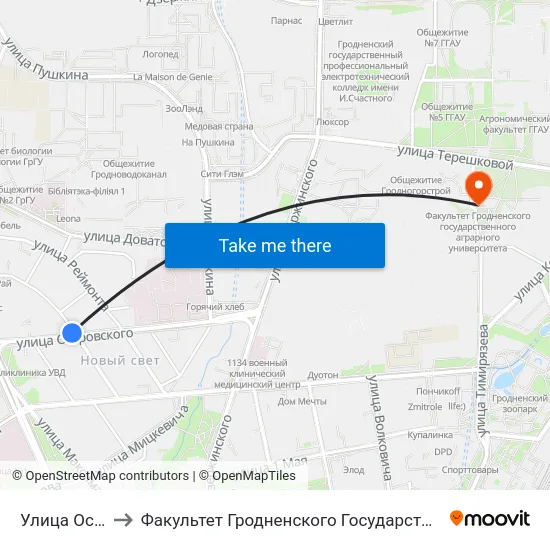 Улица Островского to Факультет Гродненского Государственного Аграрного Университета map