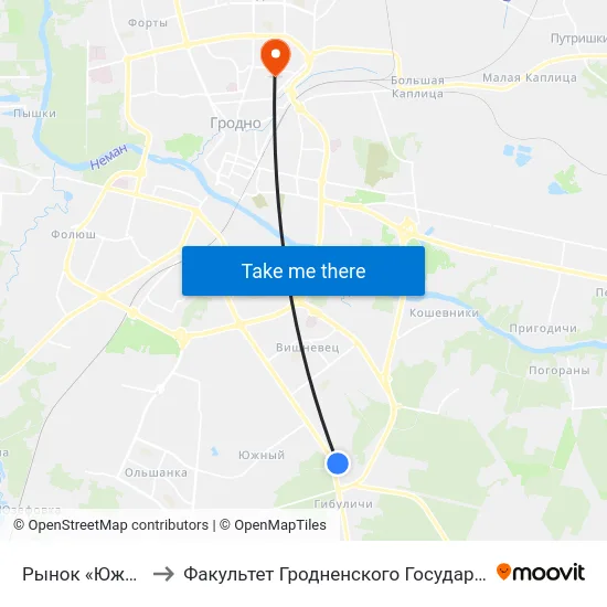 Рынок «Южный» (Высадка) to Факультет Гродненского Государственного Аграрного Университета map