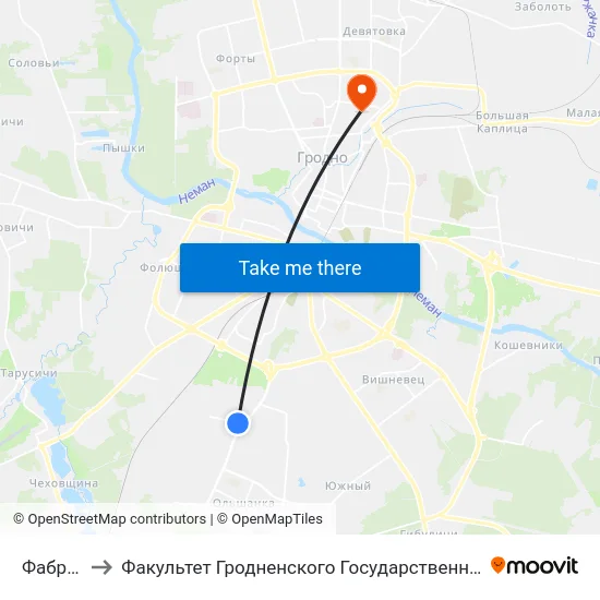 Фабричный to Факультет Гродненского Государственного Аграрного Университета map