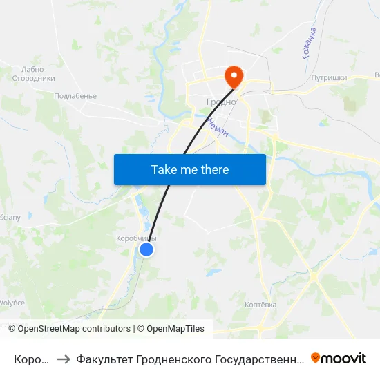 Коробчицы to Факультет Гродненского Государственного Аграрного Университета map