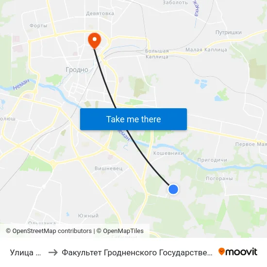Улица Молодая to Факультет Гродненского Государственного Аграрного Университета map