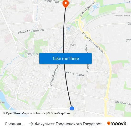 Средняя Школа № 11 to Факультет Гродненского Государственного Аграрного Университета map