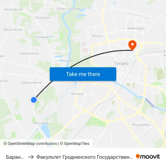 Барановичи-5 to Факультет Гродненского Государственного Аграрного Университета map