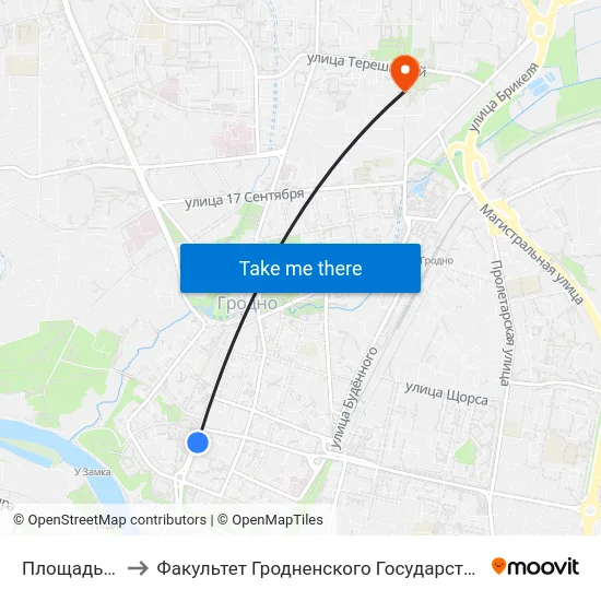 Площадь Советская to Факультет Гродненского Государственного Аграрного Университета map