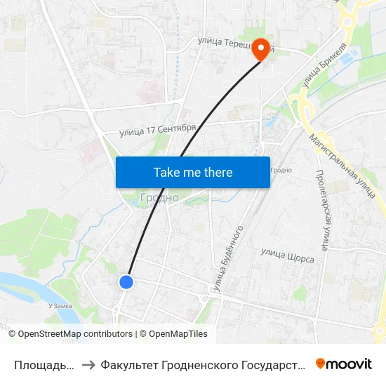 Площадь Советская to Факультет Гродненского Государственного Аграрного Университета map