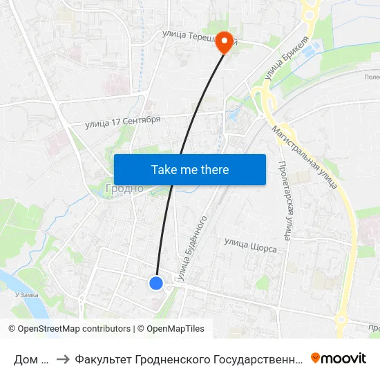 Дом Связи to Факультет Гродненского Государственного Аграрного Университета map