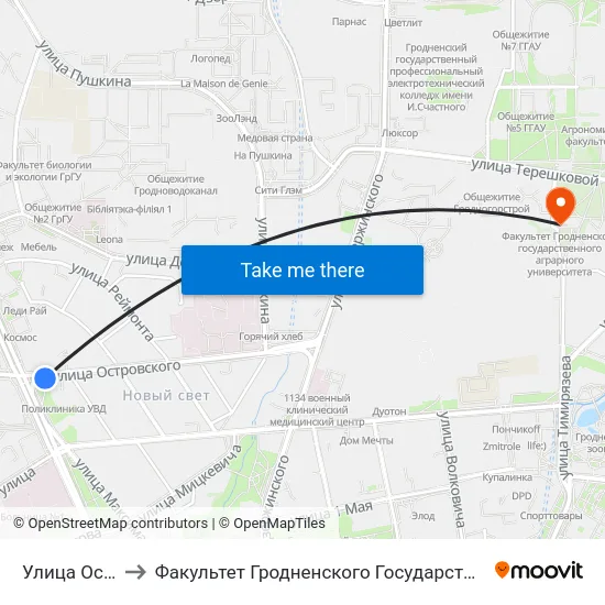 Улица Островского to Факультет Гродненского Государственного Аграрного Университета map