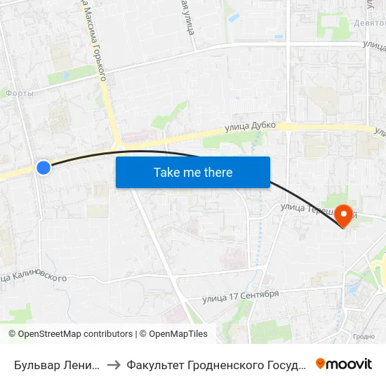 Бульвар Ленинского Комсомола to Факультет Гродненского Государственного Аграрного Университета map