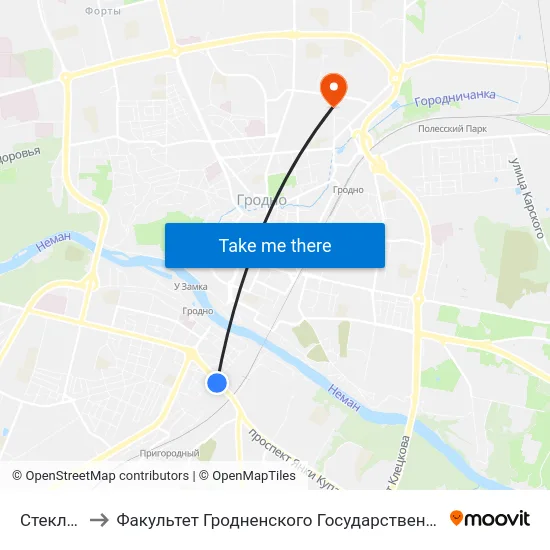 Стеклозавод to Факультет Гродненского Государственного Аграрного Университета map