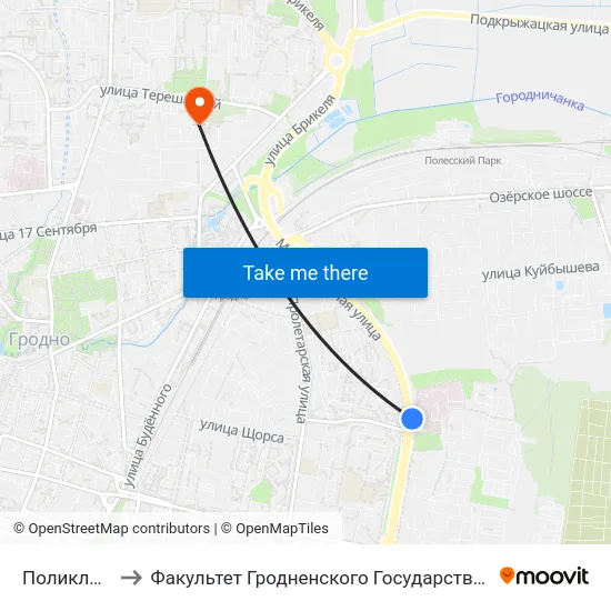 Поликлиника № 5 to Факультет Гродненского Государственного Аграрного Университета map