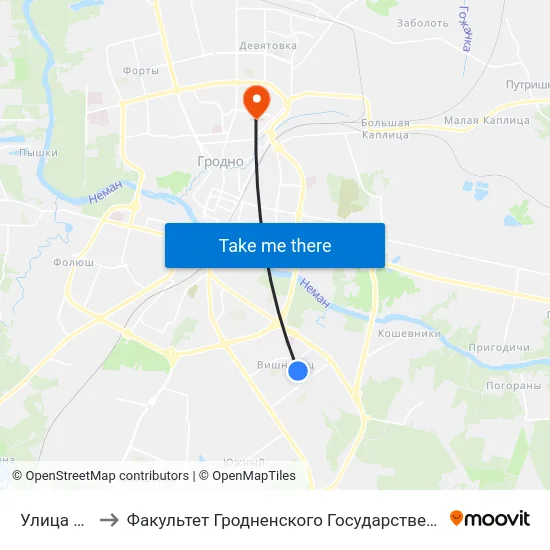 Улица Химиков to Факультет Гродненского Государственного Аграрного Университета map