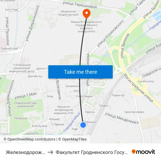 Железнодорожный Вокзал «Гродно» to Факультет Гродненского Государственного Аграрного Университета map